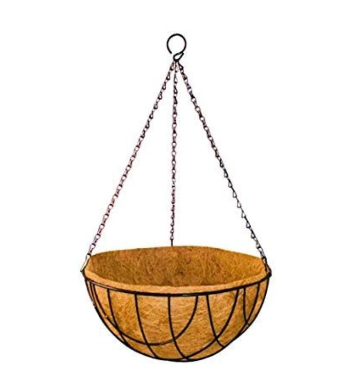 Metal Big Holes Hanging Basket Pot 14 Inch With Coir & Chain (Pack of 5 Black) By Plantogallery
