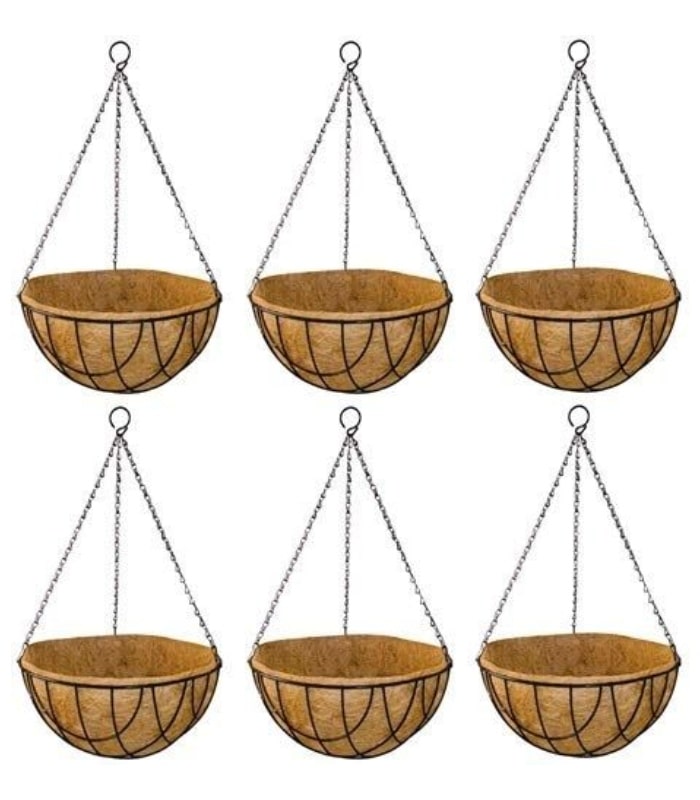 Metal Big Holes Hanging Basket Pot 12 Inch With Coir & Chain (Pack of 5 Black) By Plantogallery
